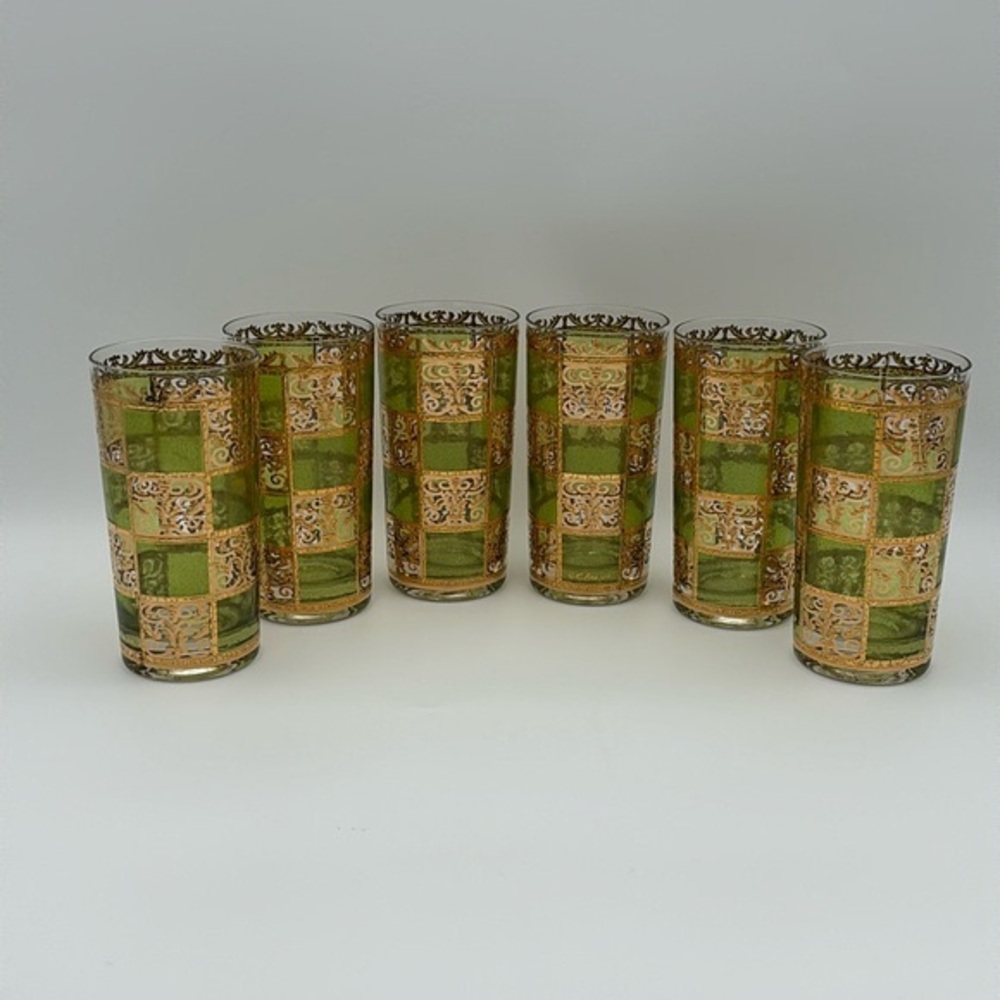 Vintage Set of 6 Culver Prado Green Collins Glasses